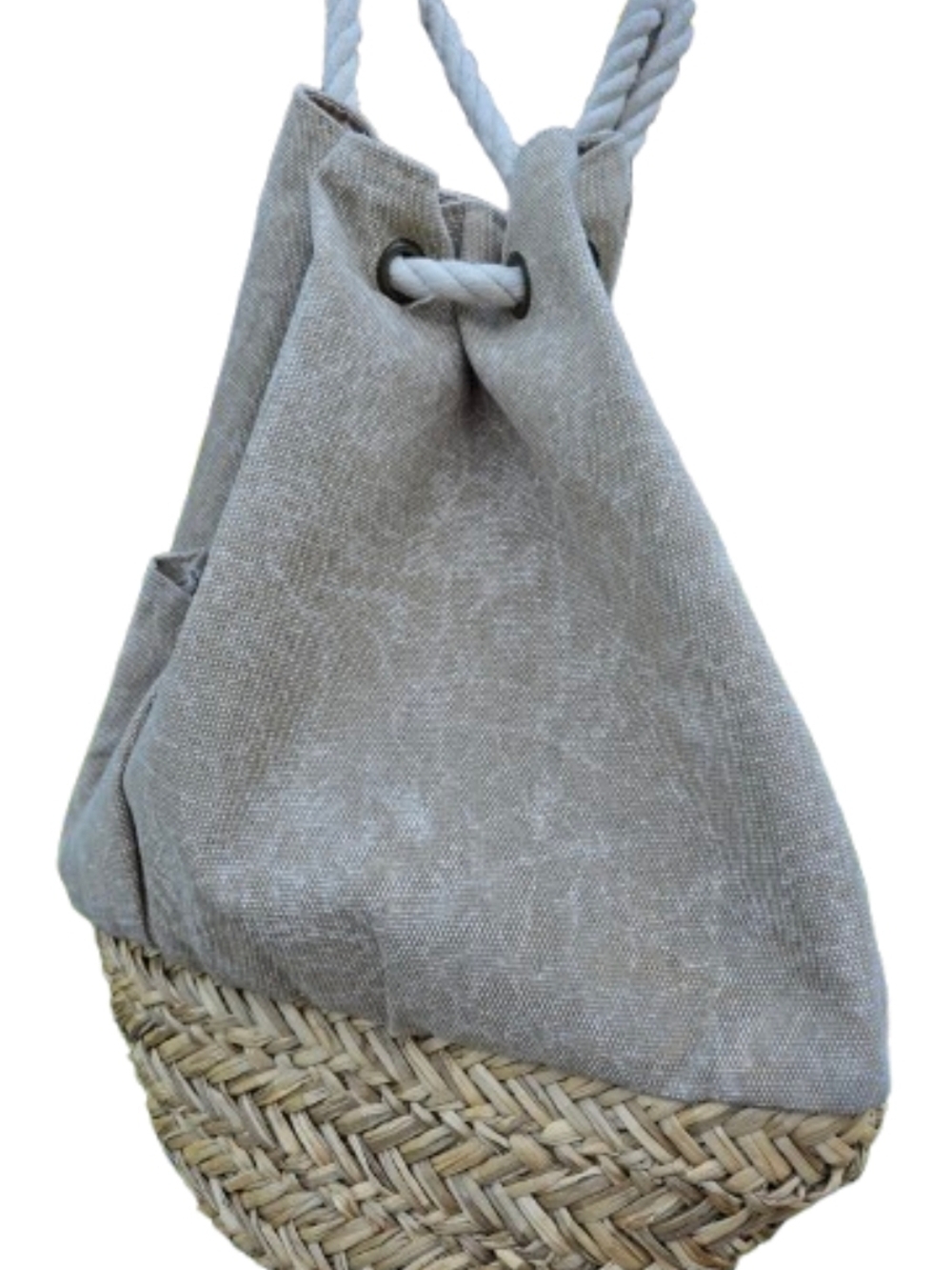Beach Bag Canvas & Woven Straw Drawstring Tote Bag Beige